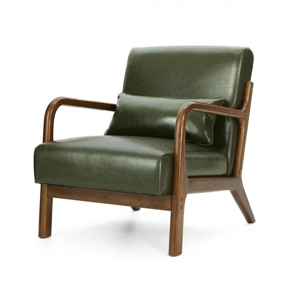 glitzhome Glitzhome 30.00"H Mid-century Modern Hunter Green PU Leather Accent Armchair with Walnut Rubberwood Frame