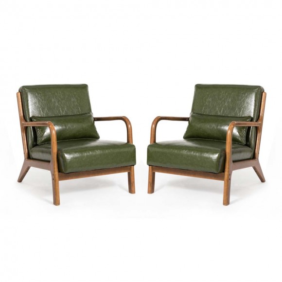 glitzhome Glitzhome 30.00"H Mid-century Modern Hunter Green Leatherette Accent Armchair with Walnut Rubberwood Frame Set of 2