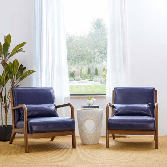 Glitzhome Glitzhome 30.00"H Mid-century Modern Navy Blue Leatherette Accent Armchair With Walnut Rubberwood Frame Set Of 2