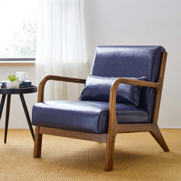 Glitzhome Glitzhome 30.00"H Mid-century Modern Navy Blue Leatherette Accent Armchair With Walnut Rubberwood Frame