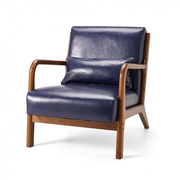 glitzhome Glitzhome 30.00"H Mid-century Modern Navy Blue Leatherette Accent Armchair with Walnut Rubberwood Frame