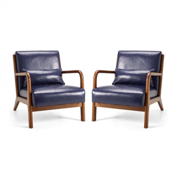 glitzhome Glitzhome 30.00"H Mid-century Modern Navy Blue Leatherette Accent Armchair with Walnut Rubberwood Frame Set of 2