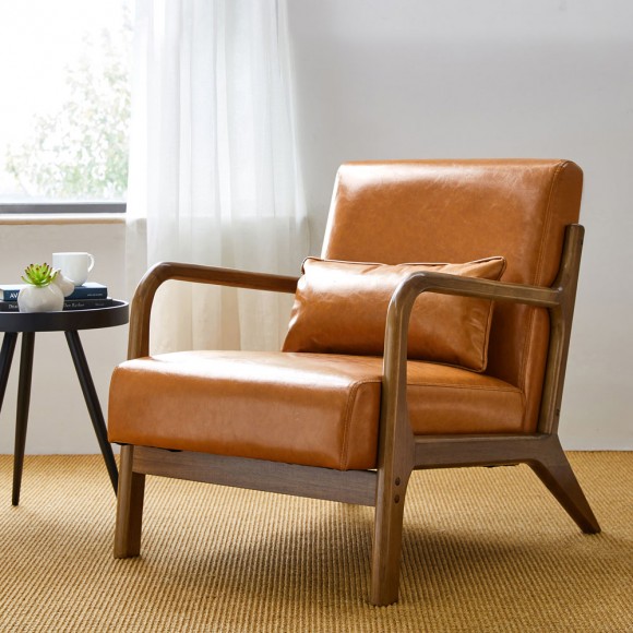 Glitzhome Glitzhome 30.00"H Mid-century Modern Yellowish-Brown Leatherette Accent Armchair With Walnut Rubberwood Fram