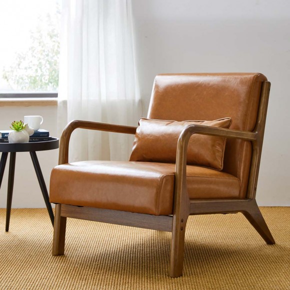 Glitzhome Glitzhome 30.00"H Mid-century Modern Yellowish-brown Leatherette Accent Armchair With Walnut Rubberwood Frame Set Of 2