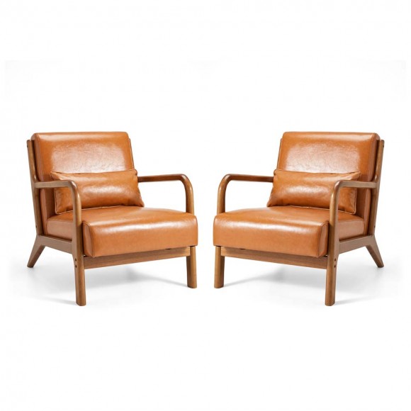 glitzhome Glitzhome 30.00"H Mid-century Modern Yellowish-brown Leatherette Accent Armchair with Walnut Rubberwood Frame Set of 2