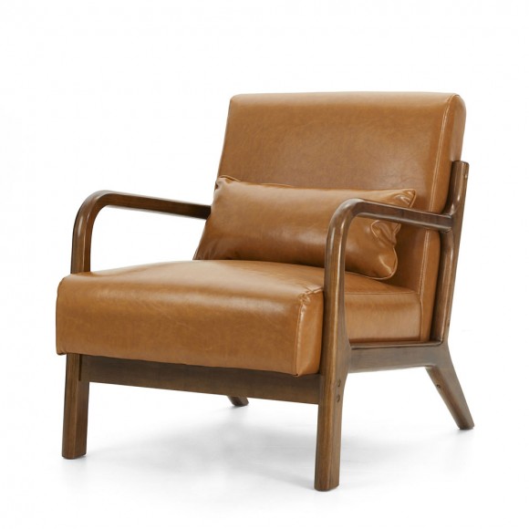 glitzhome Glitzhome 30.00"H Mid-century Modern Yellowish-Brown Leatherette Accent Armchair with Walnut Rubberwood Fram
