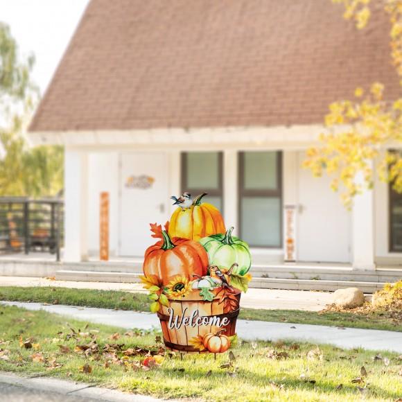 Glitzhome Glitzhome 30.25"H Fall Metal Pumpkins With Barrel Yard Stake(KD Two Function)