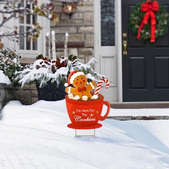 Glitzhome Glitzhome 30.25"H Metal Gingerbread Man In Coffee Mug Yard Stake