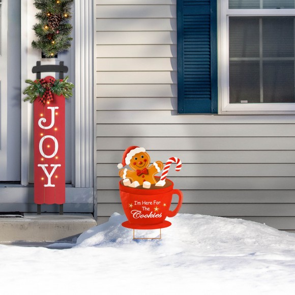 Glitzhome Glitzhome 30.25"H Metal Gingerbread Man In Coffee Mug Yard Stake