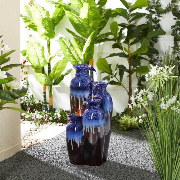 Glitzhome Glitzhome 30.75"H 4-Tiered Cobalt Blue And Brown Reactive Glaze Ceramic Vase Outdoor Floor Fountain With Pump And LED Light (KD)