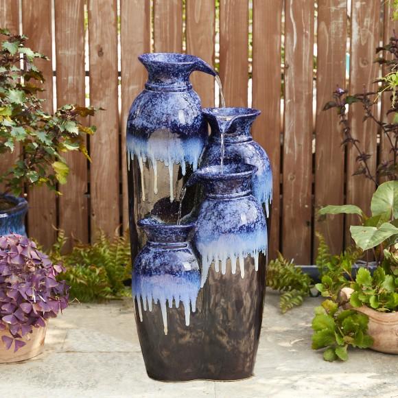 Glitzhome Glitzhome 30.75"H 4-Tiered Cobalt Blue And Brown Reactive Glaze Ceramic Vase Outdoor Floor Fountain With Pump And LED Light (KD)