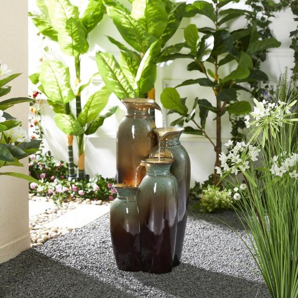 Glitzhome Glitzhome 30.75"H 4-Tiered Olive Green And Brown Reactive Glaze Ceramic Vase Outdoor Floor Fountain With Pump And LED Light (KD)