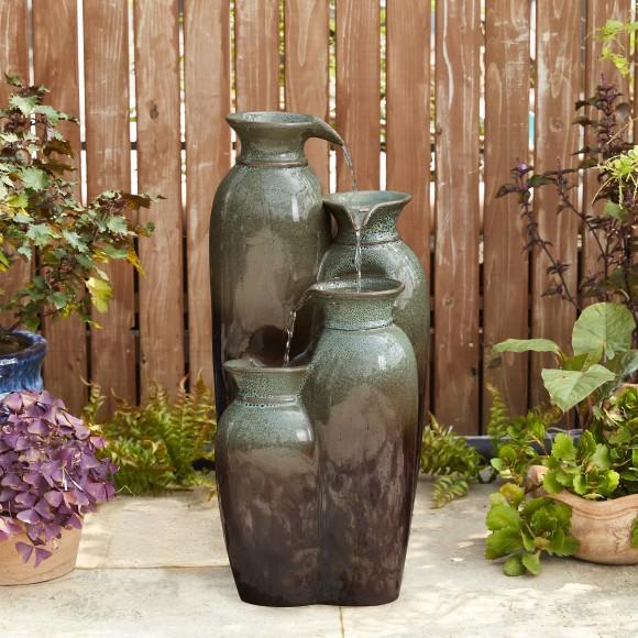 Glitzhome Glitzhome 30.75"H 4-Tiered Olive Green And Brown Reactive Glaze Ceramic Vase Outdoor Floor Fountain With Pump And LED Light (KD)