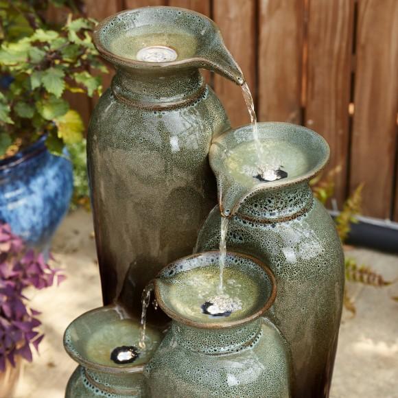Glitzhome Glitzhome 30.75"H 4-Tiered Olive Green And Brown Reactive Glaze Ceramic Vase Outdoor Floor Fountain With Pump And LED Light (KD)