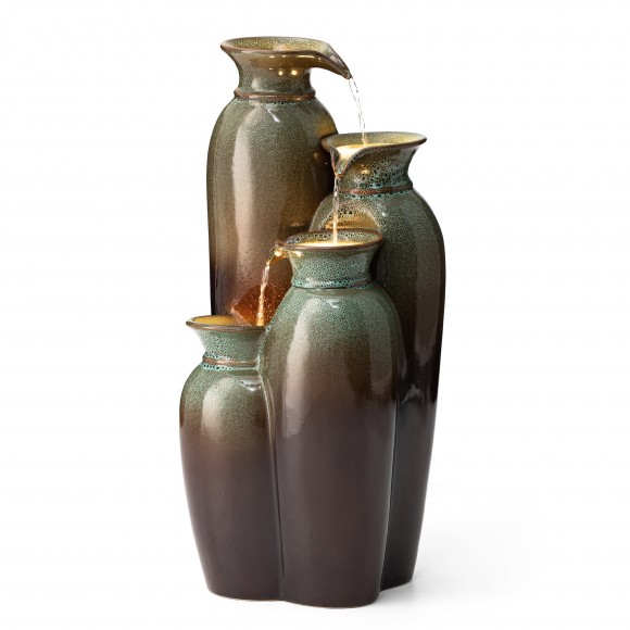 glitzhome Glitzhome 30.75"H 4-Tiered Olive Green and Brown Reactive Glaze Ceramic Vase Outdoor Floor Fountain with Pump and LED Light (KD)