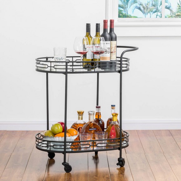 Glitzhome Glitzhome 30.75"H Black Deluxe 2-Tier Metal Oval Mirrored Bar Cart