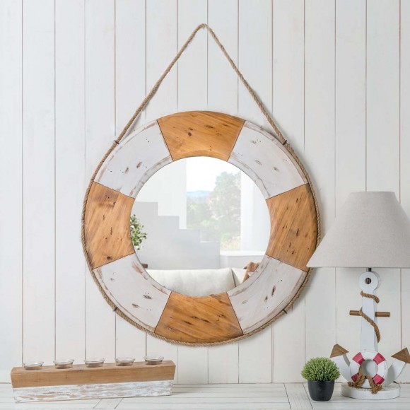 Glitzhome Glitzhome 30"D Coastal Lifebuoy Wood Wall Mirror