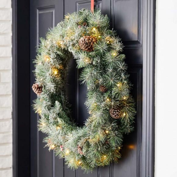 Glitzhome Glitzhome 30"D Pre-Lit Glittered Pine Cone Christmas Wreath With 50 Warm White Lights