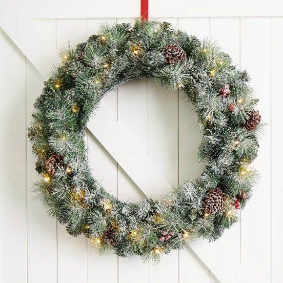 Glitzhome Glitzhome 30"D Pre-Lit Glittered Pine Cone Christmas Wreath With 50 Warm White Lights
