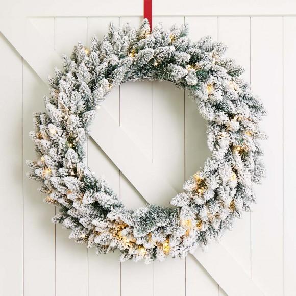 Glitzhome Glitzhome 30"D Pre-Lit Snow Flocked Christmas Wreath With 50 Warm White Lights