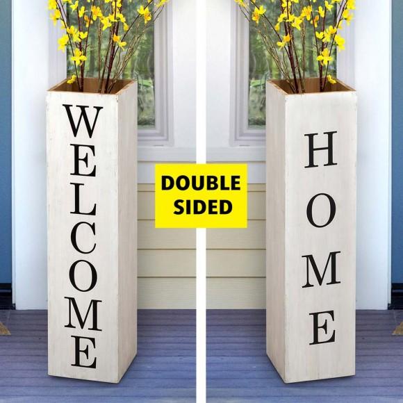 Glitzhome Glitzhome 30"H Double Sided Washed White Wooden Box-shaped "WELCOME HOME" Porch Sign