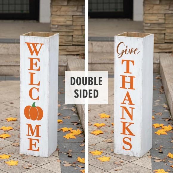 Glitzhome Glitzhome 30"H Fall And Thanksgiving Double Sided Washed White Wooden Box Shaped Porch Sign
