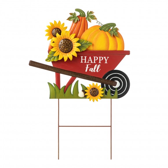 glitzhome Glitzhome 30"H Fall Metal Wheel Barrow Pumpkin Yard Stake