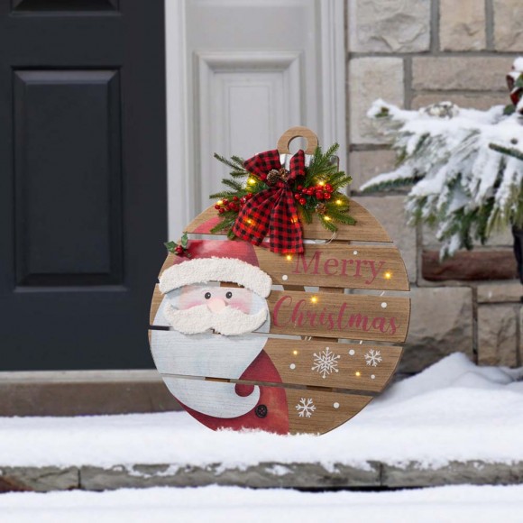 Glitzhome Glitzhome 30"H Lighted Round Wooden Santa Porch Décor