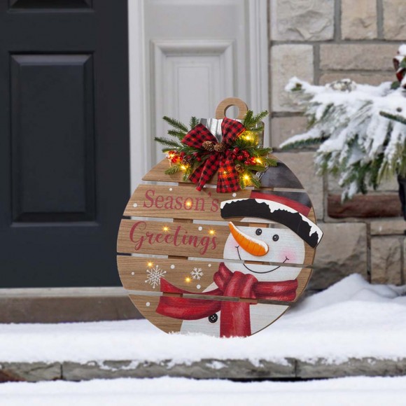 Glitzhome Glitzhome 30"H Lighted Round Wooden Snowman Porch Décor