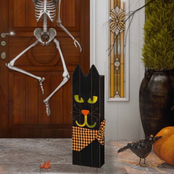 Glitzhome Glitzhome 30"H Lighted Wooden Black Cat Porch Decor