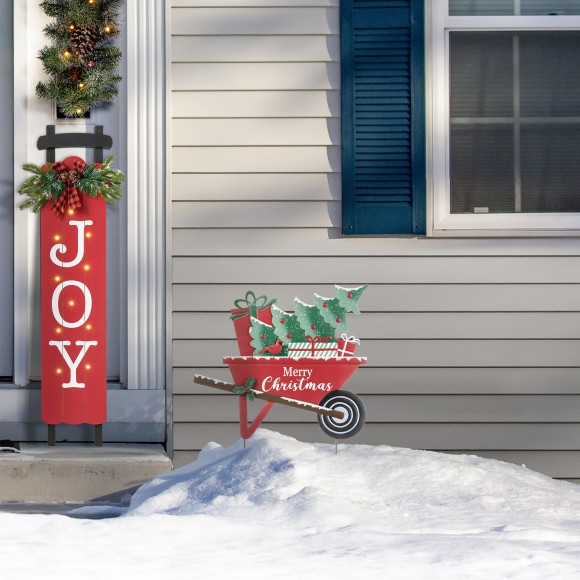 Glitzhome Glitzhome 30"H "Merry Christmas" Metal Wagon Yard Stake Or Wall Decor(KD Two Function)