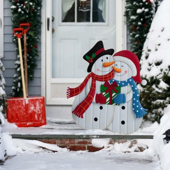 Glitzhome Glitzhome 30"H Metal Lovely Snowman Couple Yard Stake Or Standing Decor Or Wall Décor (3 Functions)