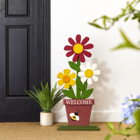 Glitzhome Glitzhome 30"H Wooden Trio Flowers Welcome Porch Décor