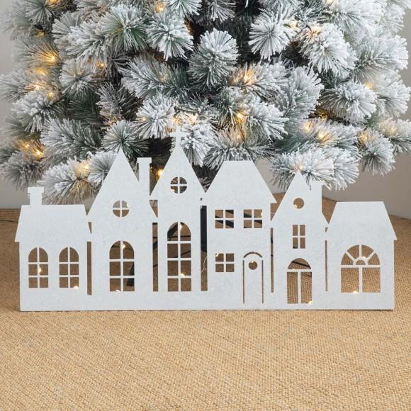 Glitzhome Glitzhome 30"L Christmas Glittered Metal House Tree Collar Or Hanging Decor With String Lights