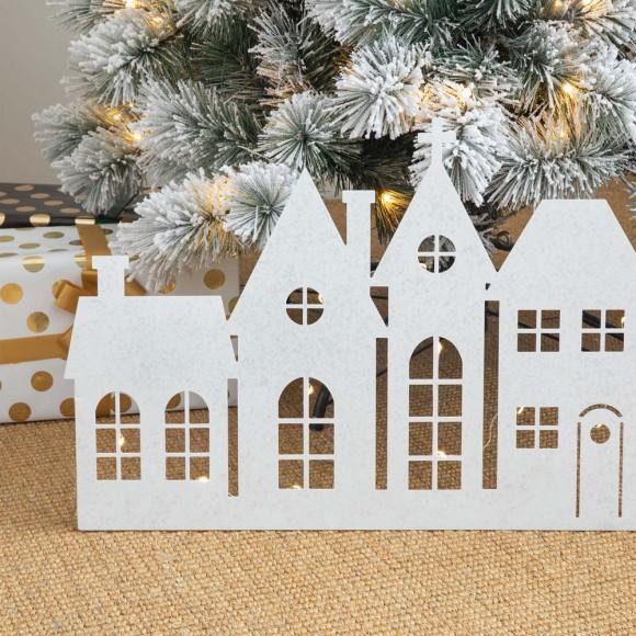Glitzhome Glitzhome 30"L Christmas Glittered Metal House Tree Collar Or Hanging Decor With String Lights