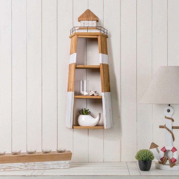 Glitzhome Glitzhome 31.25"H 3-Tier Coastal Wood/Metal Light House Wall Shelf