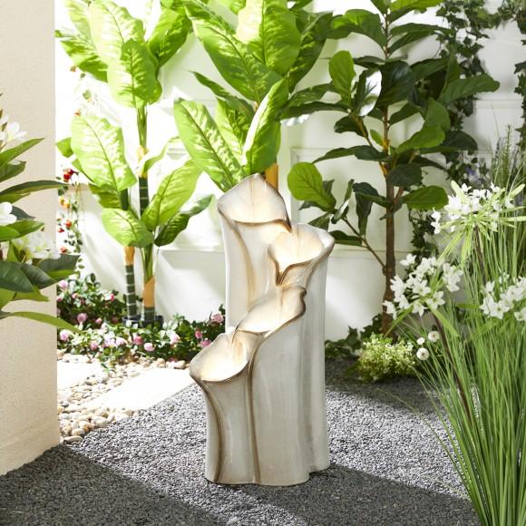 Glitzhome Glitzhome 31.25"H 4-Tiered Sand Beige Lotus Leaf Textured Ceramic Pots Outdoor Floor Fountain With Pump And LED Light (KD)