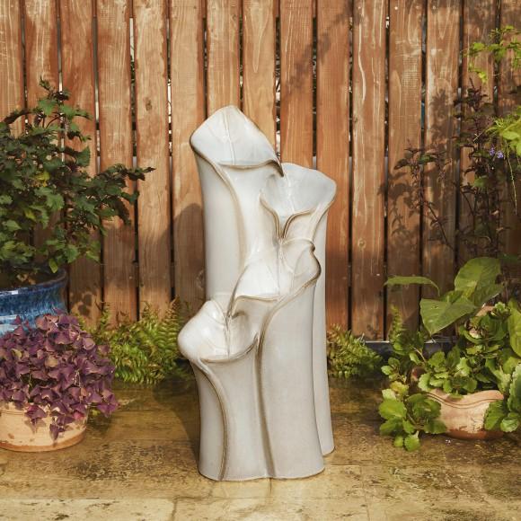 Glitzhome Glitzhome 31.25"H 4-Tiered Sand Beige Lotus Leaf Textured Ceramic Pots Outdoor Floor Fountain With Pump And LED Light (KD)