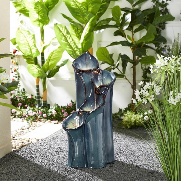 Glitzhome Glitzhome 31.25"H 4-Tiered Turquoise Lotus Leaf Textured Ceramic Vase Outdoor Floor Fountain With Pump And LED Light (KD)