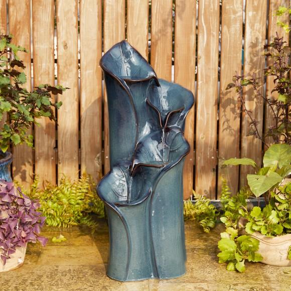 Glitzhome Glitzhome 31.25"H 4-Tiered Turquoise Lotus Leaf Textured Ceramic Vase Outdoor Floor Fountain With Pump And LED Light (KD)