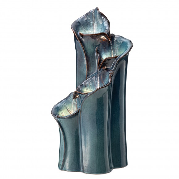 glitzhome Glitzhome 31.25"H 4-Tiered Turquoise Lotus Leaf Textured Ceramic Vase Outdoor Floor Fountain with Pump and LED Light (KD)