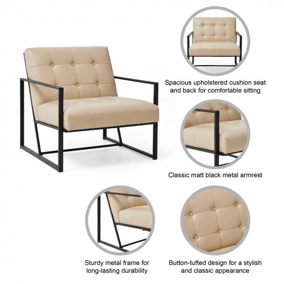 Glitzhome Glitzhome 31.50"H Beige PU Leather Button-tufted Accent Arm Chair With Black Metal Frame