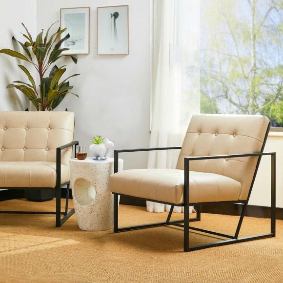 Glitzhome Glitzhome 31.50"H Beige PU Leather Button-tufted Accent Arm Chair With Black Metal Frame