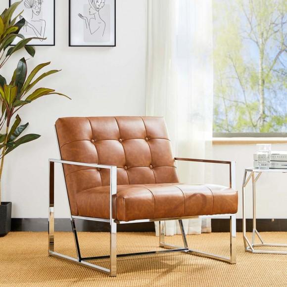 Glitzhome Glitzhome 31.50"H Brown PU Leather Button-tufted Accent Arm Chair With Chrome Plated Frame