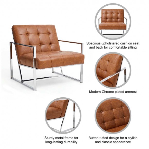 Glitzhome Glitzhome 31.50"H Brown PU Leather Button-tufted Accent Arm Chair With Chrome Plated Frame