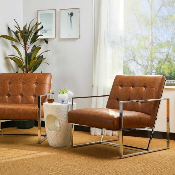 Glitzhome Glitzhome 31.50"H Brown PU Leather Button-tufted Accent Arm Chair With Chrome Plated Frame