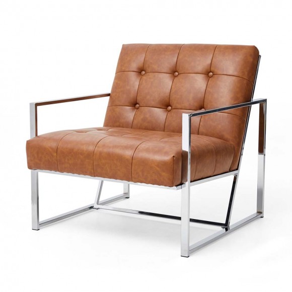 glitzhome Glitzhome 31.50"H Brown PU Leather Button-tufted Accent Arm Chair with Chrome Plated Frame