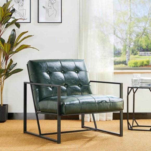 Glitzhome Glitzhome 31.50"H Green PU Leather Button-tufted Accent Arm Chair With Black Metal Frame
