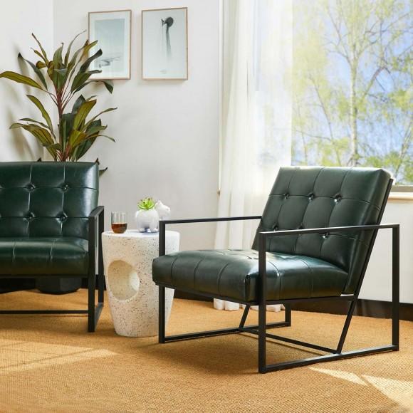 Glitzhome Glitzhome 31.50"H Green PU Leather Button-tufted Accent Arm Chair With Black Metal Frame