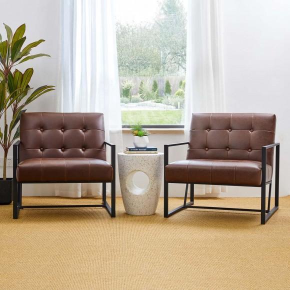 Glitzhome Glitzhome 31.50"H Modern Brown Leatherette Accent Armchair With Black Metal Frame Set Of 2